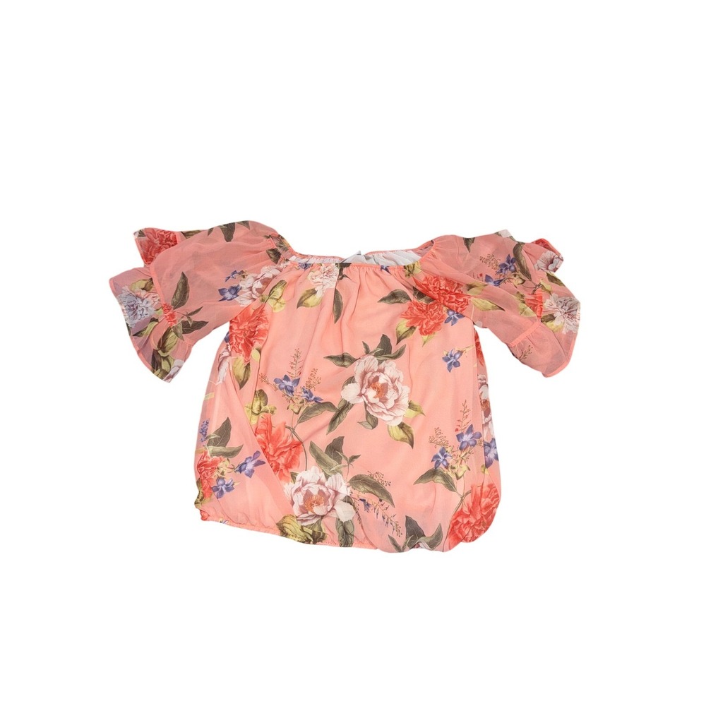 Peach Floral Off Shoulder Puff Sleeve Cropped Top Women's Size M